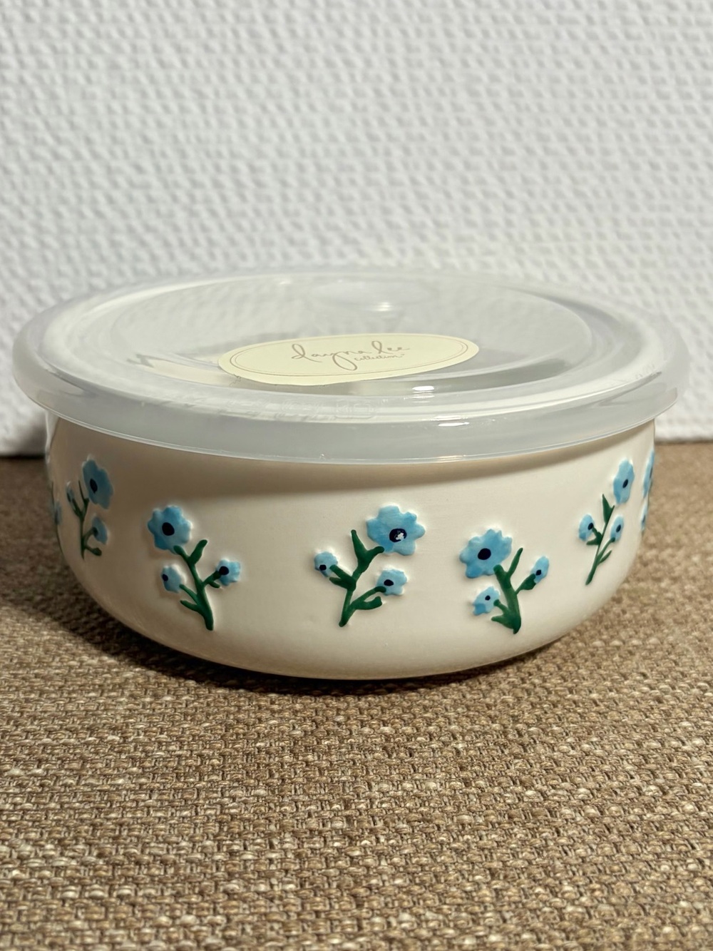 Ceramic Bowl with Venting Lid - Blue & Navy Floral Motif Textured Flower Design
